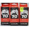 Image 1 : LOT OF 3 LEXMARK 70 BLACK  PRINT  INK CARTRIDGES