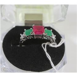 # 88- RUBY. EMERALD, CZ .925 STERLING SILVER RING