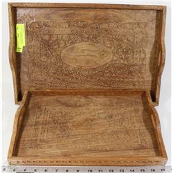 SET OF HANDCRAFTED WOOD/BRASS ENGRAVED TRAYS