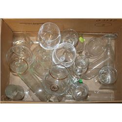 BOX OF WINE AND OTHER LIQUOR GLASSES