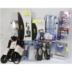 BOX OF ASSORTED ELECTRONICS INCL AC POWER CORDS,