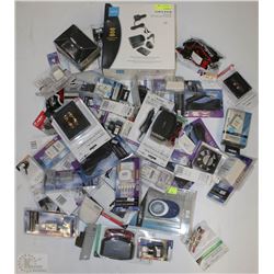 BOX OF ASSORTED ELECTRONICS INCL DC POWER CORDS