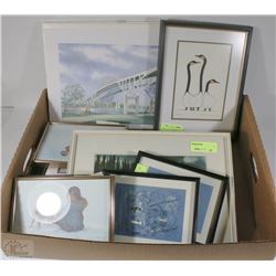 BOX OF ASSORTED PRINTS SOME FRAMED