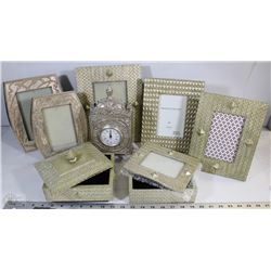 TRAY OF SILVER TONED DECOR INCL JEWELLERY BOX,