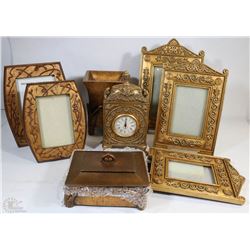 TRAY OF GOLD TONED DECOR INCL JEWELLERY BOX,