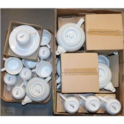 LARGE LOT OF TEA CUPS, SAUCERS AND TEA POTS WHITE