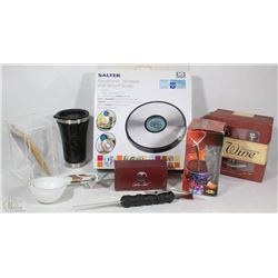 BOX WITH FANCY WALL MOUNT SCALE, WINE SETS & MORE