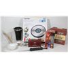 Image 1 : BOX WITH FANCY WALL MOUNT SCALE, WINE SETS & MORE