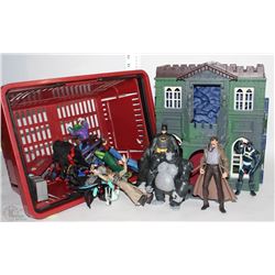 BASKET FULL OF ACTION FIGURES AND WAYNE MANOR