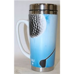 NEW CERAMIC AND STEEL TRAVEL MUG GOLF