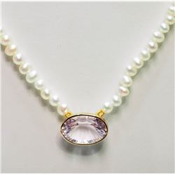 #34-14KT YELLOW GOLDPEARL & ROSE QUARTZ NECKLACE
