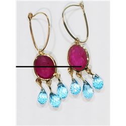 #48-10KT YELLOW GOLD RUBY & BLUE TOPAZ EARRINGS