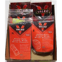 BOX OF ASSORTED SIZE VALEO WRIST WRAPS AND GLOVES