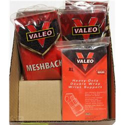 BOX OF ASSORTED SIZE VALEO WRIST WRAPS AND GLOVES