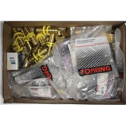 BOX WITH ASSORTED TUBE RACKS, COUPLERS, VALVES AND