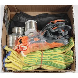 BOX WITH WIRE SOLDER AND ASSORTED WORK GLOVES