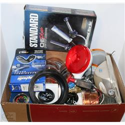 BOX OF ASSORTED LIGHTS, GAUGES AND MORE