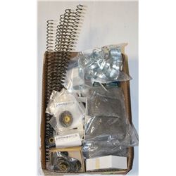 BOX WITH ASSORTED SPRINGS, CRIMPED WIRE WHEELS AND