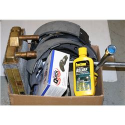 BOX OF ASSORTED CAR PARTS INCL BRAKE PADS, BREAKER