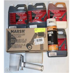 LOT OF ASST STENCIL INK JUGS AND RFR200 ROLMARK