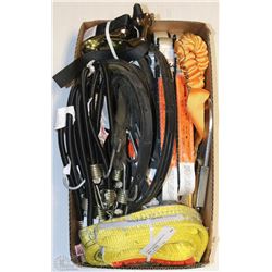 BOX OF ASSORTED TIE DOWNS AND ONE LANYARD SHOCK