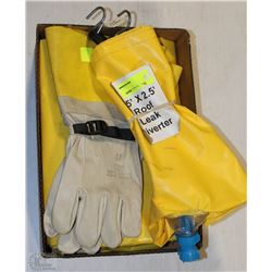 YELLOW COVERALLS/GLOVES/ROOF LEAK DIVERTER