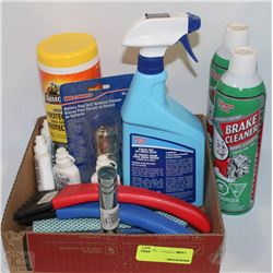 BOX OF CLEANING SUPPLIES/SQUEEGEE/ICE SCRAPERS