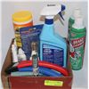 Image 1 : BOX OF CLEANING SUPPLIES/SQUEEGEE/ICE SCRAPERS