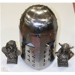 REPRODUCTION OF MEDIEVAL HELMET AND VIKING STATUES