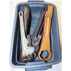 BOX OF HAMMER AND PIPE WRENCHES