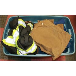 TOTE WITH SEVERAL COVERALLS SOME NEW AND HIGH