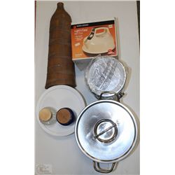 BOX WITH VINTAGE NEW KETTLE, POT WITH LID AND MORE