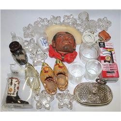 BOX OF COLLECTIBLES AND CANDLE HOLDERS