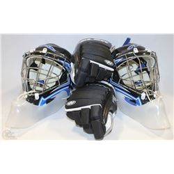 LOT OF HOCKEY HELMETS AND HOCKEY GLOVES