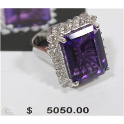 14KT WHITE GOLD AMETHYST AND DIAMOND RING WITH COA