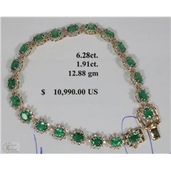 14KT YELLOW GOLD EMERALD & DIAMOND BRACELET W/COA