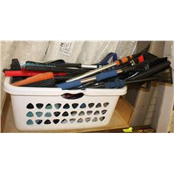 BASKET OF 24 SNOW BRUSHES AND SHOVELS WITH