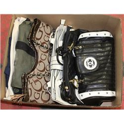 BOX OF PURSES INCL. CHANEL, GUESS, ETC.