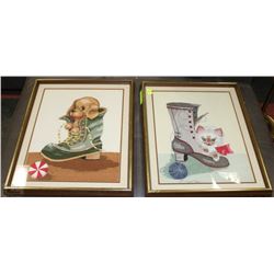 LOT OF 2 "FABRIC" FRAMED DOG AND CAT PICTURES