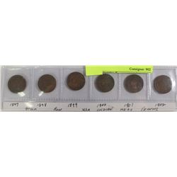 STRIP OF 6 OLD U.S. INDIAN HEAD PENNIES