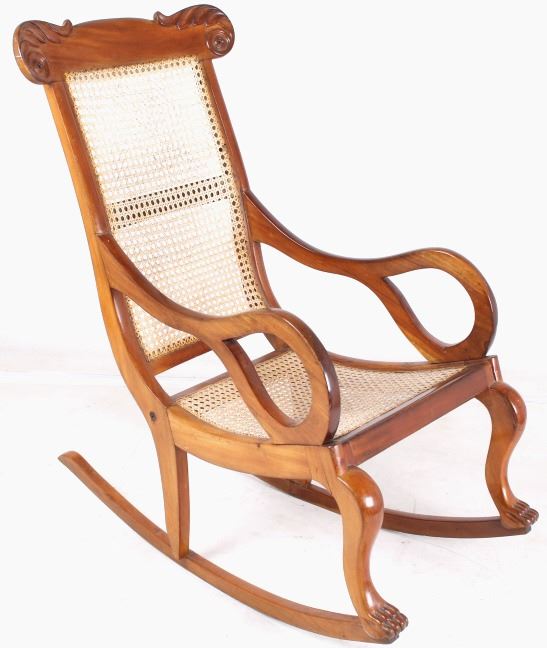 Custom Oak And Wicker Carved Rocking Chair