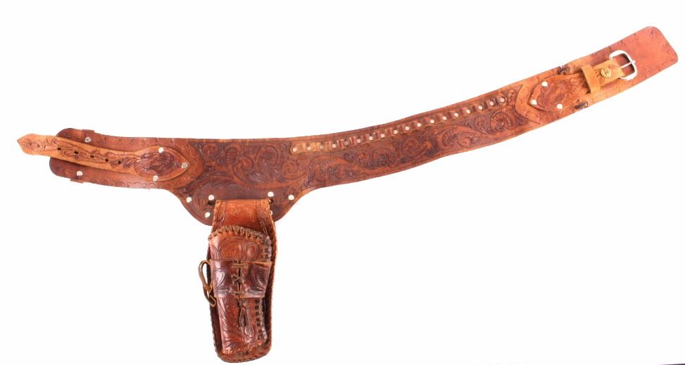 Tooled Leather Western Cowboy Gun Belt and Holster