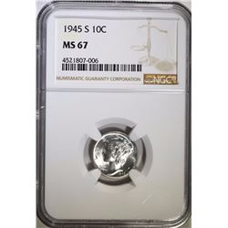 1945-S MERCURY DIME, NGC MS-67