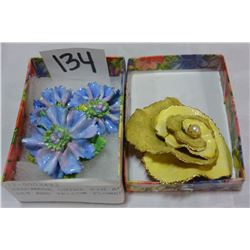 HANDMADE CHINA PIN AND EARRING SET AND YELLOW FLOWER PIN