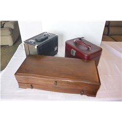 TWO VINTAGE JEWELLRY BOXES AND CUTLERY CANTEEN