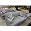Image 1 : BRAND NEW 3-PIECE MODERN GREY SOFA LOVESEAT AND CONTRASTING CHAIR AND PILLOWS RETAIL $2249