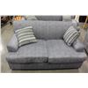 Image 2 : BRAND NEW 3-PIECE MODERN GREY SOFA LOVESEAT AND CONTRASTING CHAIR AND PILLOWS RETAIL $2249