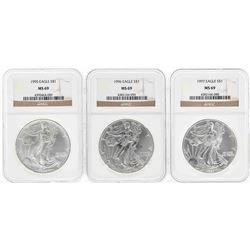 Set of 1995-1997 $1 American Silver Eagle Coins NGC MS69