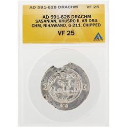 AD 591-628 Drachm Sasanian Khusro II AR Drachm Nihawand G-211 Chipped Coin ANACS