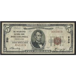 1929 $5 National Bank Note of Philadelphia Pennsylvania Charter #539